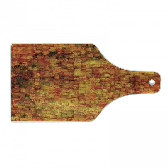 Burnt Orange Cutting Board, Vintage Mosaic Background Quadratic Little Geometric Squares Faded Print, Tempered Glass Cutting and Serving Board, Wine Bottle Shape, Orange Mustard, by Ambesonne