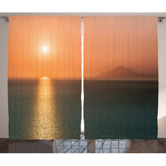 Ambesonne Nautical Curtains 2 Panel Set, Sunrise over Ocean, 108" x 84", Orange Blue