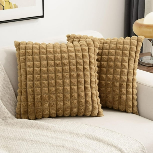 Burnt Orange Decorative Throw Pillow Covers 20x20 Inch Set of 2 Square Cushion Case Fluffy Faux Rabbit Fur Plaid Soft Velvet Back Modern Home Decor for Couch Bed Walmart Business Supplies