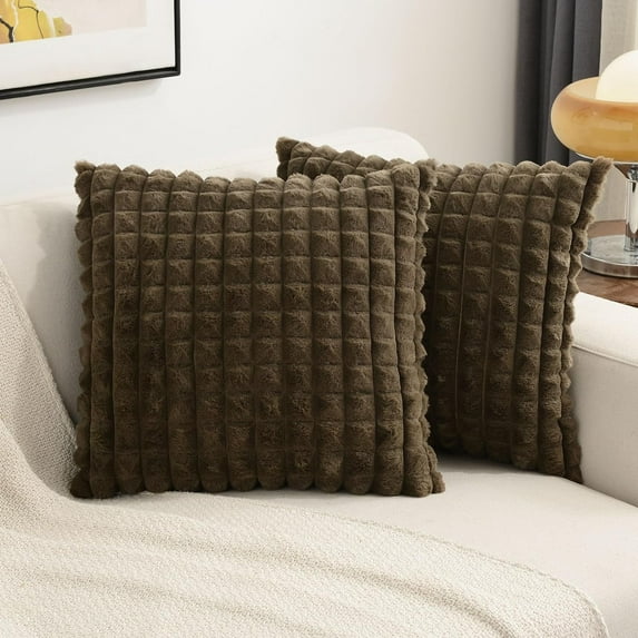 Burnt Orange Decorative Throw Pillow Covers 20x20 Inch Set of 2,Square Cushion Case,Fluffy Faux Rabbit Fur Plaid & Soft Velvet Back,Modern Home Decor for Couch Bed