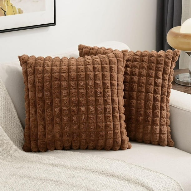 Burnt Orange Decorative Throw Pillow Covers 20x20 Inch Set of 2 Square Cushion Case Fluffy Faux Rabbit Fur Plaid Soft Velvet Back Modern Home Decor for Couch Bed Walmart Business Supplies