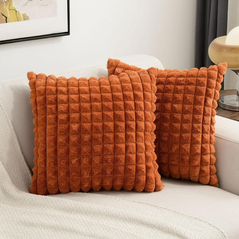 ILANKTOZI Burnt Orange Decorative Throw Pillow Covers 20x20 inch Set of 2 Square Cushion Case Fluffy Faux Rabbit Fur Plaid Soft Velvet Back Modern Home Decor