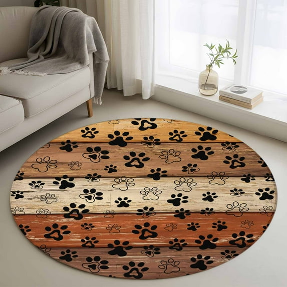 Burnt Orange Dog Paws 3ft Round Rug, Farmhouse Vintage Modern Brown Wood Non-Skid Rubber Backing Large Area Rugs - Living Room Bedroom Home Office, Indoor Floor Mat Carpets Washable Rug