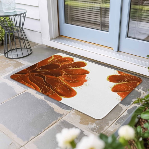 Burnt Orange Door Mat Indoor Outdoor, Sparkle Gold Stained Floral Flower Art Non Slip Welcome Mat with Rubber Backing, Absorbent Fabric Front Door Mats Entryway Rug for Home Patio Entrance 20"x31.5"