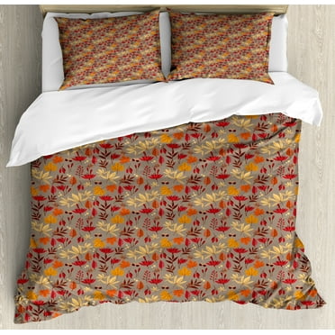 Burnt Orange Duvet Cover Set, Cartoonish Autumn Leaves Acorns and Berries Seasonal Nature Foliage, Decorative 3 Piece Bedding Set with 2 Pillow Shams, Calking Size, Umber and Multicolor, by Ambesonne