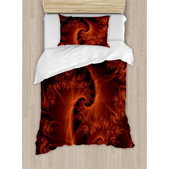 Burnt Orange Duvet Cover Set, Digital Fractal Image with Swirling Turning Moving Floral Lines Modern Graphic, Decorative 2 Piece Bedding Set with 1 Pillow Shams, Twin Size, Orange, by Ambesonne