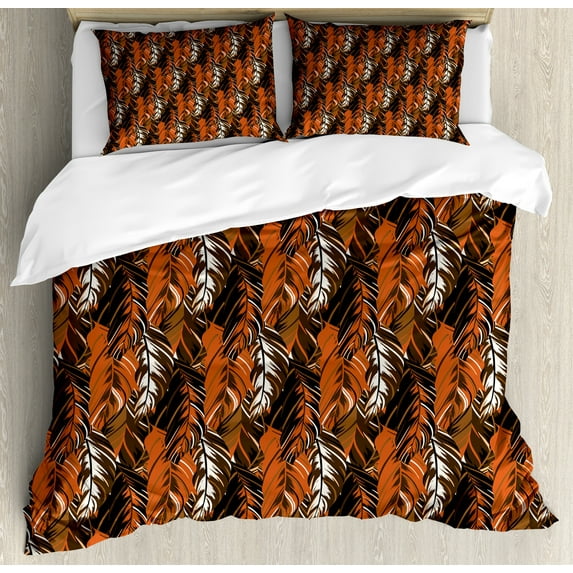 Burnt Orange Duvet Cover Set, Feather Like Tropical Leaves Repetition Abstract Autumn Colors, Decorative 3 Piece Bedding Set with 2 Pillow Shams, Queen Size, Burnt Orange Dark Brown, by Ambesonne
