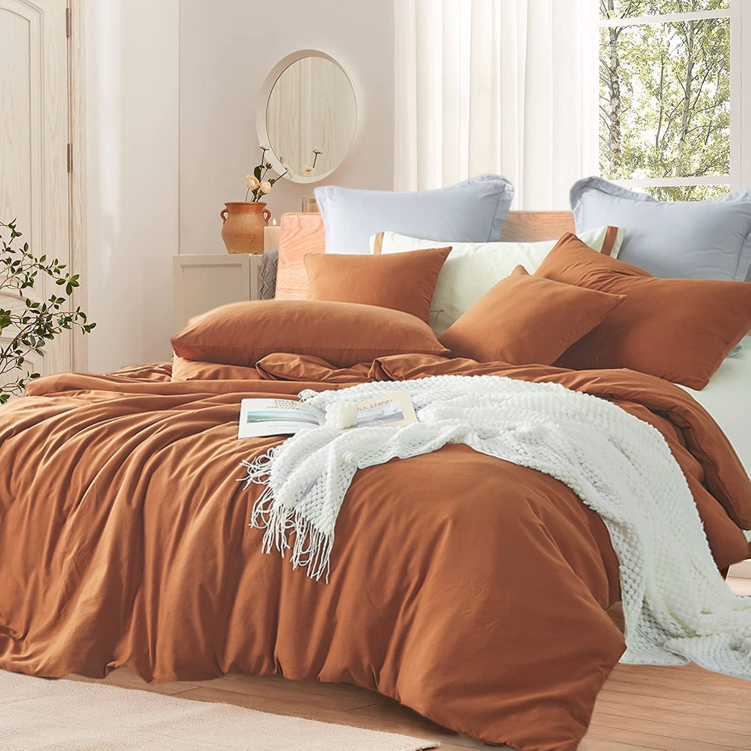 Free Shipping! Burnt Orange Duvet Cover Set Full Size 100 Washed Cotton Caramel Pumpkin Rust