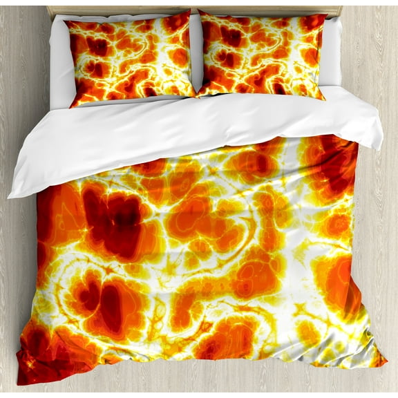 Burnt Orange Duvet Cover Set, Hot Lava Texture Bursting Volcanic Heated Magma Image Warm Colored, Decorative 3 Piece Bedding Set with 2 Pillow Shams, Calking Size, Orange and Yellow, by Ambesonne