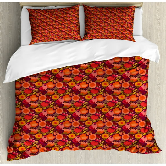 Burnt Orange Duvet Cover Set Queen Size, Abstract Floral Pattern with Petals Leaves and Berries Doodle Art, Decorative 3 Piece Bedding Set with 2 Pillow Shams, Dark Fuchsia Multicolor, by Ambesonne
