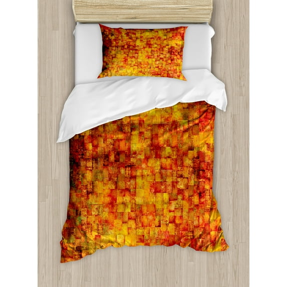 Burnt Orange Duvet Cover Set, Vintage Mosaic Background Quadratic Little Geometric Squares Faded Print, Decorative 2 Piece Bedding Set with 1 Pillow Shams, Twin Size, Orange Mustard, by Ambesonne