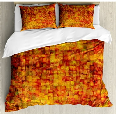 Burnt Orange Duvet Cover Set, Vintage Mosaic Background Quadratic Little Geometric Squares Faded Print, Decorative 3 Piece Bedding Set with 2 Pillow Shams, Calking Size, Orange Mustard, by Ambesonne