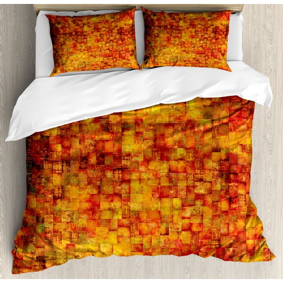 Burnt Orange Duvet Cover Set, Vintage Mosaic Background Quadratic Little Geometric Squares Faded Print, Decorative 3 Piece Bedding Set with 2 Pillow Shams, Queen Size, Orange Mustard, by Ambesonne