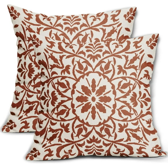 Burnt Orange Ethnic Boho Pillow Covers 20 X 20 Inch Bohemian Carpet Style Vintage Flower Print Decorative Throw Pillows Outdoor Linen Square Cushion Case Farmhouse Decor for Home Sofa Bed Set of 2