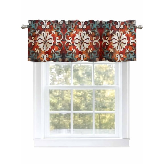 Burnt Orange Ethnic Curtain Valances for Windows, Rustic Boho Flowers Impressionist Kitchen Valance Window Treatment, Light Filtering Block Curtains for Bathroom/Bedroom/Living Room 42'' x 12''