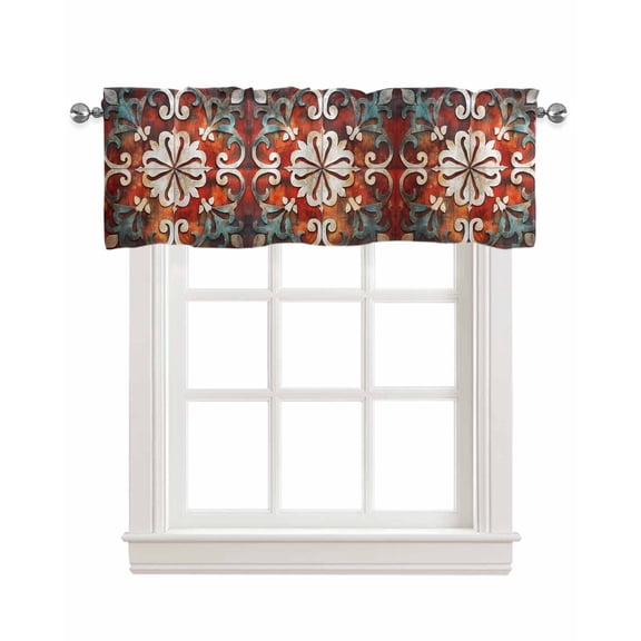 Burnt Orange Ethnic Kitchen Valances for Windows Farmhouse Linen Window Valance Curtain for Living Room Window Treatment Rustic Boho Flowers Impressionist Valance Rod Pocket Topper, 42 x 12 Inch