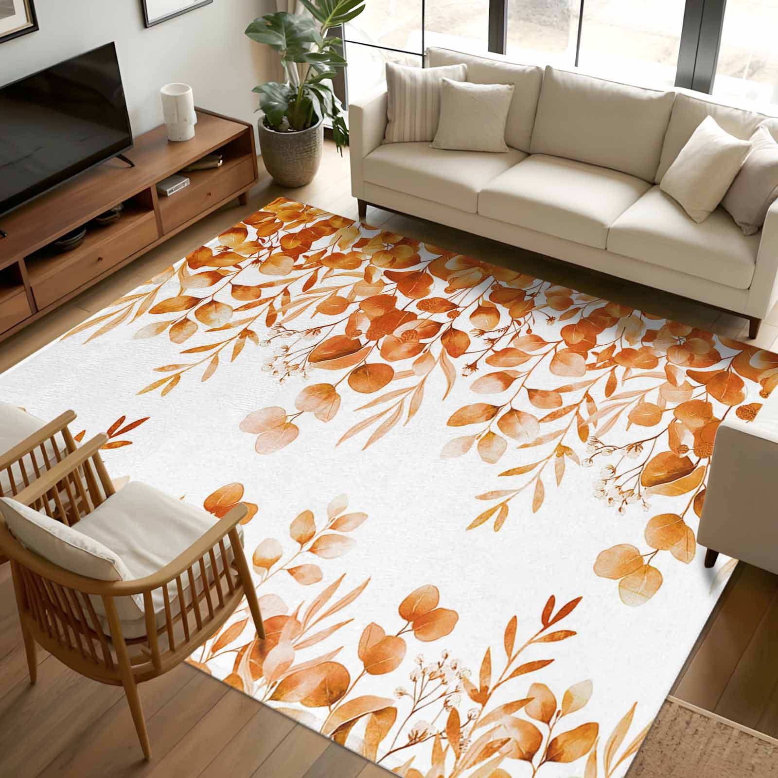 Burnt Orange Eucalyptus 8x10 Area Rugs, Spring Summer Farmhouse Leaves ...