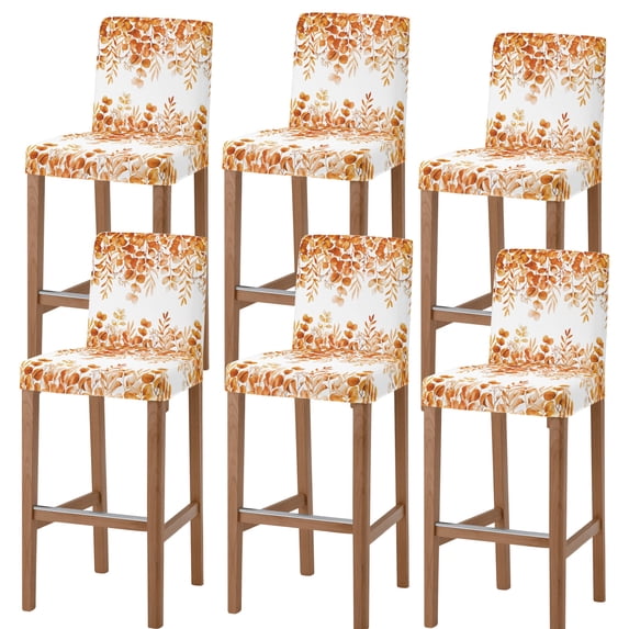 Burnt Orange Eucalyptus Bar Stool Cover Set of 6, Spring Summer Farmhouse Leaves Watercolor Stretch Bar Chair Cover, Removable Washable Counter Stool Chair Slipcover for Kitchen Dining Room Cafe