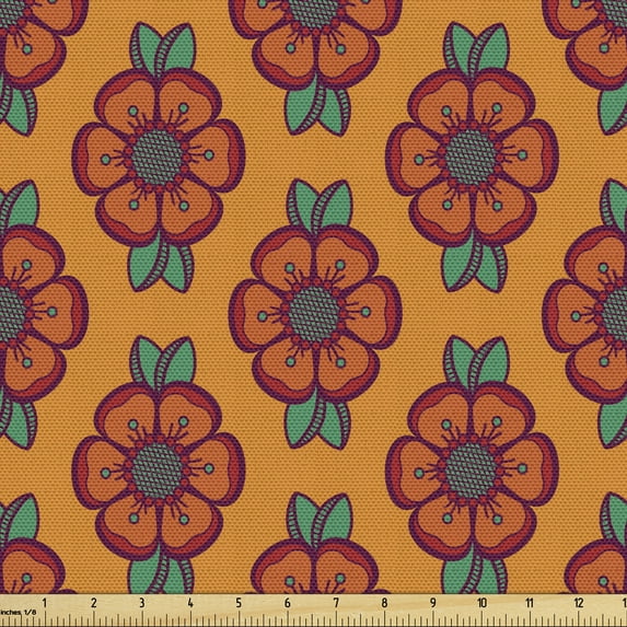 Ambesonne Burnt Orange Fabric by the Yard Upholstery, Blooming Foliage Leaf, 1 Yard, Multicolor