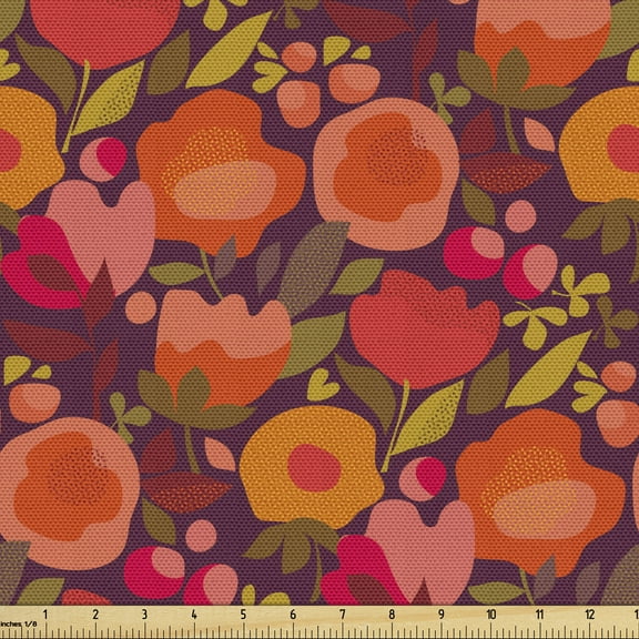 Burnt Orange Fabric by the Yard Upholstery, Abstract Floral Pattern with Petals Leaves and Berries Doodle Art, Decorative Fabric for DIY and Home Accents, 5 Yards, Dark Fuchsia Multicolor by Ambesonne