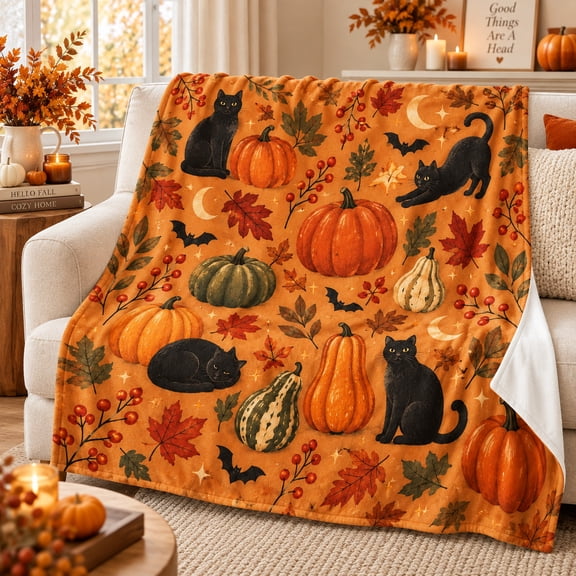 Burnt Orange Fall Flannel Throw Blanket with Black Cats, Pumpkins, Crescent Moons, Maple Leaves and Berries for Couch, Bed and Reading Corners, 30 x 40 in