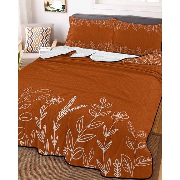 Burnt Orange Fall King Size Down Alternative Comforter, Lightweight Comforter Quilt Bedding Set with Pillow Shams Thanksgiving Eucalyptus Leaves Abstract Bed Comforter Duvet Insert 96"x106"