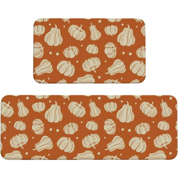 Burnt Orange Fall Kitchen Mat Sets of 2 Cream Pumpkin Kitchen Rugs for Floor Home Decor Autumn Harvest Thanksgiving Decoration Low-Profile Mats,17x29 and 17x47 Inch