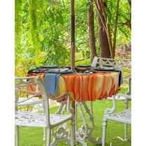 Burnt Orange Fall Outdoor Tablecloth - 60 Inch Round Dining Table Cover, Maple Leaf Pumpkins Thanksgiving Black Waterproof Outdoor Table Cloth with Umbrella Hole & Zipper for Picnic/Patio
