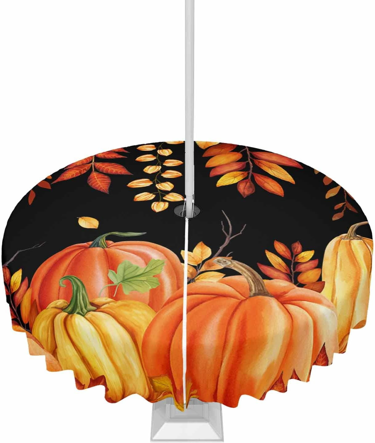 Burnt Orange Fall Outdoor Tablecloth with Umbrella Hole & Zipper, Black ...