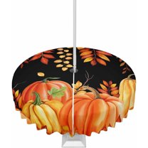 Burnt Orange Fall Outdoor Tablecloth with Umbrella Hole & Zipper, Black Maple Leaf Pumpkins Thanksgiving Round Tablecloth 60 Inch, Patio Table Cover Waterproof Table Cloth for Picnic/Party