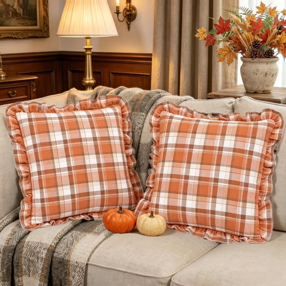 Burnt Orange Fall Pillow Covers Tartan Plaid Ruffle Throw Pillow 18x18 Set of 2