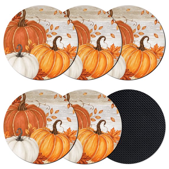 Burnt Orange Fall Pumpkin Coasters Set of 6, Absorbent Coasters for Drinks, Thanksgiving Maple Leaves Botanical Coaster for Desk Coffee Table Protection, Home Decor House Warming Gifts 4"