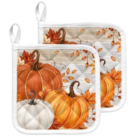 Burnt Orange Fall Pumpkin Pot Holders for Kitchen Heat Insulation Potholder,Kitchen Pot Holders Sets Washable Oven Hot Pads Terry Cloth Trivet for Cooking Thanksgiving Maple Leaves Botanical 2 Pack
