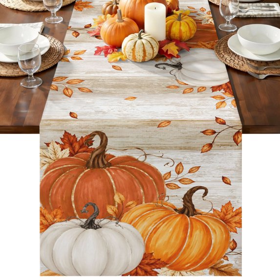 Burnt Orange Fall Pumpkin Table Runner 36 Inches Long, Kitchen Dining Table Decoration, Thanksgiving Maple Leaves Botanical Coffee Tablerunner Dress Scarves Farmhouse Décor for Party, 13 x 36