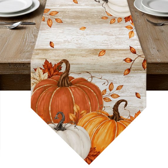 Burnt Orange Fall Pumpkin Table Runner Linen Burlap Table Runner 90 Inches Long Thanksgiving Maple Leaves Botanical Dresser Scarves for Kitchen Island Coffee Dining Room Party Holiday Decor 13"x90"