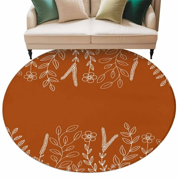 Burnt Orange Fall Round Area Rug 5ft Washable Large Round Rug for Living Room, Non-Slip Circle Rugs for Dining Room, Thanksgiving Eucalyptus Leaves Abstract Floor Carpet for Bedroom Entryway Office