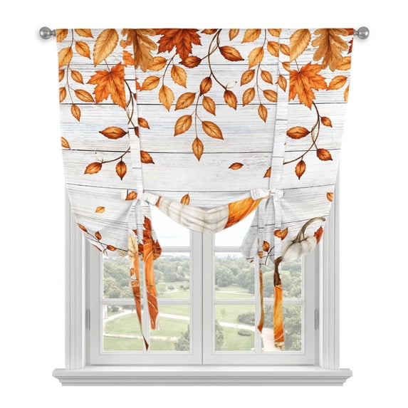 Burnt Orange Fall Tie Up Curtains for Windows, Adjustable Balloon Window Shades, Pumpkins Thanksgiving Autumn Leaves Kitchen Window Treatments Farmhouse Short Curtains with Rod Pocket 42"x45"