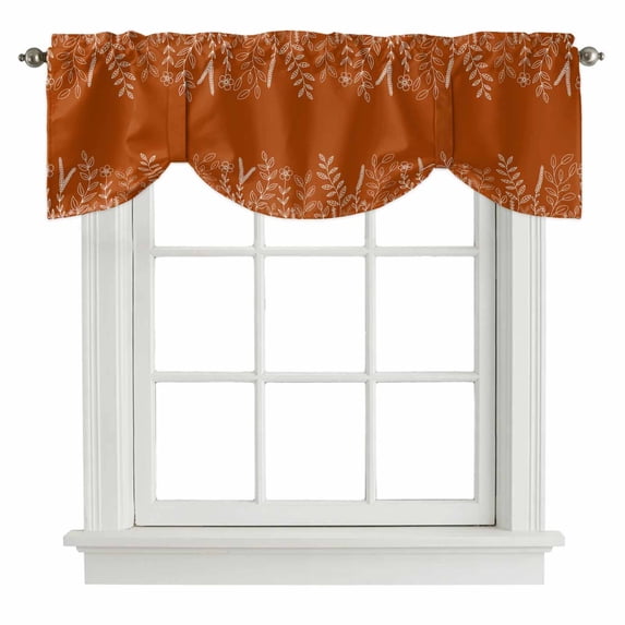 Burnt Orange Fall Tie Up Valance Curtains for Windows, Kitchen Curtains Window Treatments, Thanksgiving Eucalyptus Leaves Abstract Short Window Shades Valances for Bedroom Bathroom Cafe 42"x12"
