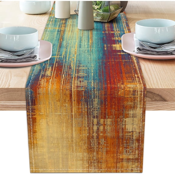 Burnt Orange Farmhouse Table Runner Vintage Abstract Blue and Orange Table Runner Messy Rust Painting Coffee Table Runners for Kitchen Dining Table Home Decor 71in