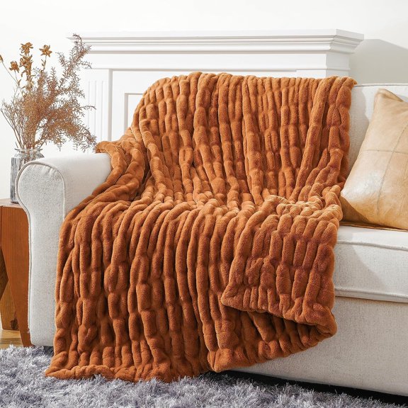 Burnt Orange Faux Fur Throw Blanket for Couch, Double Side Ruched Reversible Rabbit Fur Blanket for Bed, Sofa, Cozy Soft Mink Blanket, Fall Throw Blanket Fall Decor, 50x60 Inches