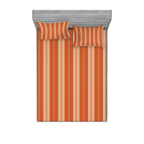 Burnt Orange Fitted Sheet & Pillow Sham Set, Retro Themed Illustration of Earth Tones Stripes Geometric Simple Design, Decorative 6 Piece Bedding Decor Set, Queen, Burnt Orange Tan, by Ambesonne