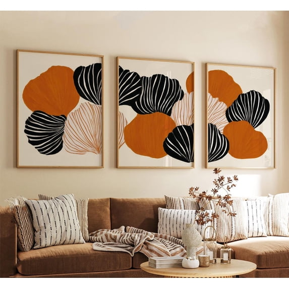 Burnt Orange Floral Abstract Botanical Wall Art Set 3 Unframed Paper ...