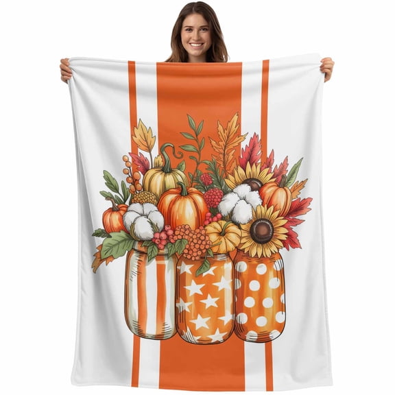 Burnt Orange Floral Blanket Soft Cozy Warm Twin Blanket for Bed, Plush Fuzzy Flannel Fleece Blankets for Sofa, Rustic Pumpkin Sunflower Botanical Striped Throw Blankets for Couch Gifts, 60"x80"