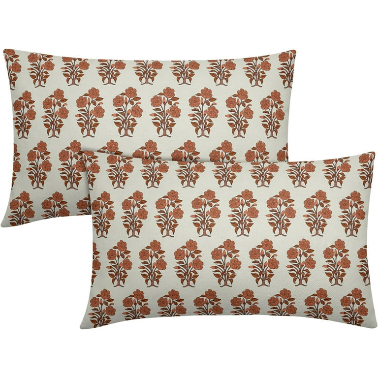 Burnt Orange Floral Block Print Lumbar Pillow Covers 12x20 Set of