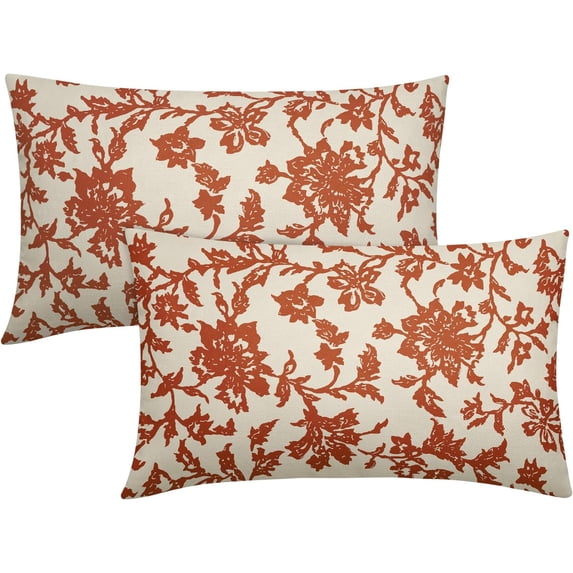 Burnt Orange Floral Block Print Lumbar Pillow Covers 12x20 Set of 2 Rustic Fall Vintage Flower Pattern Cream Decorative Rectangle Throw Pillow Cases Outdoor Farmhouse Decoration for Sofa Couch Bed