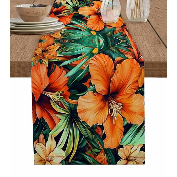 Burnt Orange Floral Burlap Cotton Table Runner 13x36 Inches Short, Tropical Botanical Leaves Floral Farmhouse Table Runners, Outdoor Dining Tablecloths Decor for Baby Shower/Party/Wedding