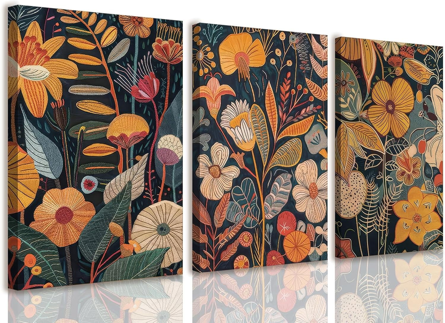 Burnt Orange Floral Canvas Wall Art,Mid Century Modern Wall Decor,Boho Terracotta Flower Picture Prints Poster Painting Artwork Set Of 3 For Living Room Bedroom Office 12X16 Framed