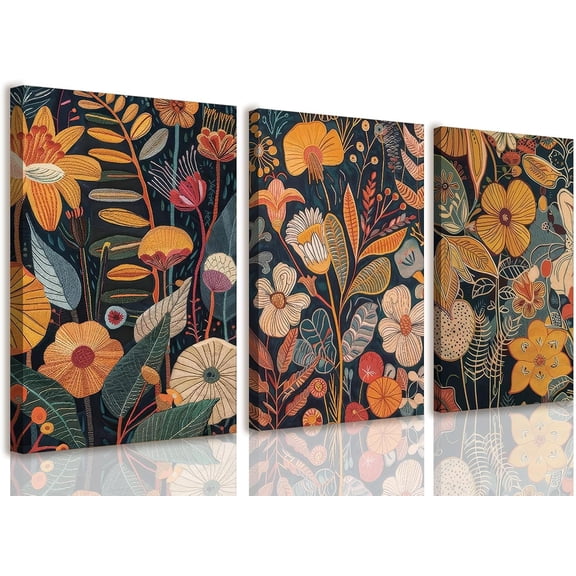 Burnt Orange Floral Canvas Wall Art,Mid Century Modern Wall Decor,Boho Terracotta Flower Picture Prints Poster Painting Artwork Set Of 3 For Living Room Bedroom Office 12X16 Framed