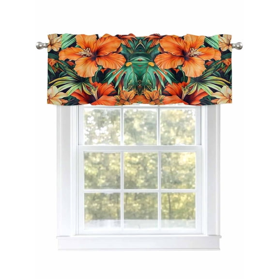 Burnt Orange Floral Curtain Valances for Windows, Tropical Botanical Leaves Floral Kitchen Valance Window Treatment, Light Filtering Block Curtains for Bathroom/Bedroom/Living Room 42'' x 12''