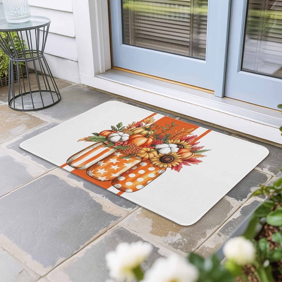 Burnt Orange Floral Door Mat Indoor Outdoor,Rustic Pumpkin Sunflower Botanical Striped Non Slip Welcome Mat with Rubber Backing,Absorbent Front Door Mats Entryway Rug for Home Patio Entrance 18"x30"